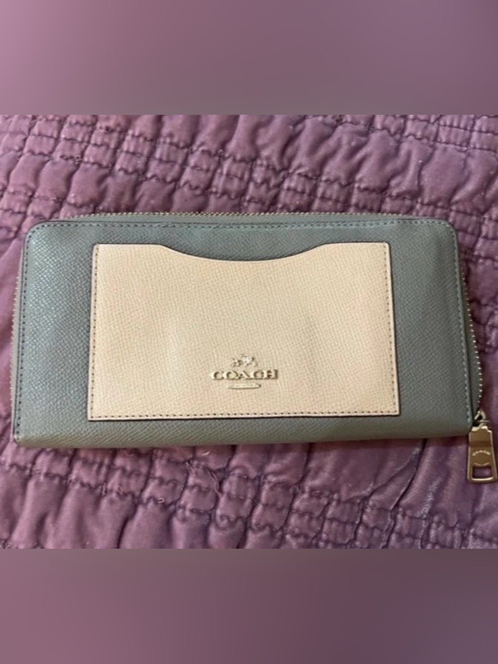 Coach Two-Tone Zip Wallet in Tan & Taupe with Gold Hardware